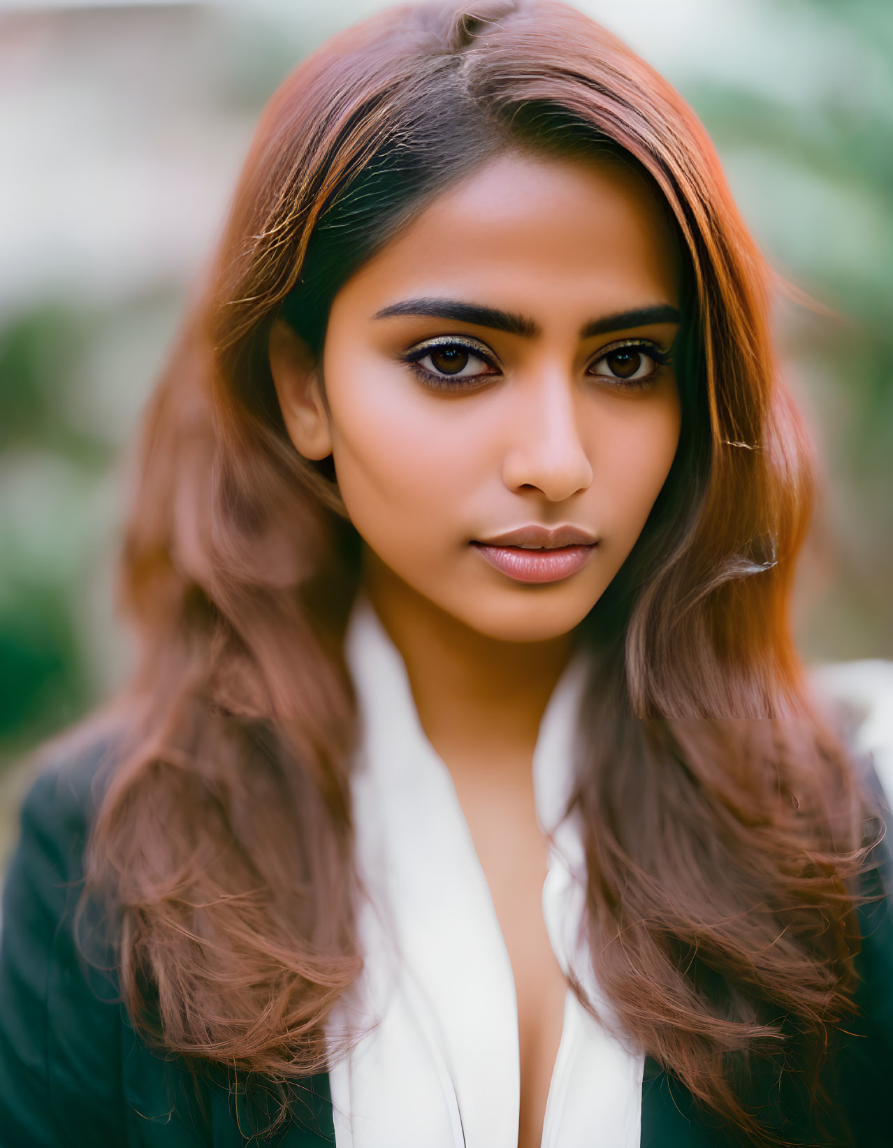 Ombre-Haired Woman in White Blazer with Intense Brown Eyes