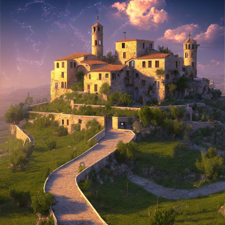 Picturesque hilltop village at sunset with stone buildings, winding pathways, lush greenery, and bell