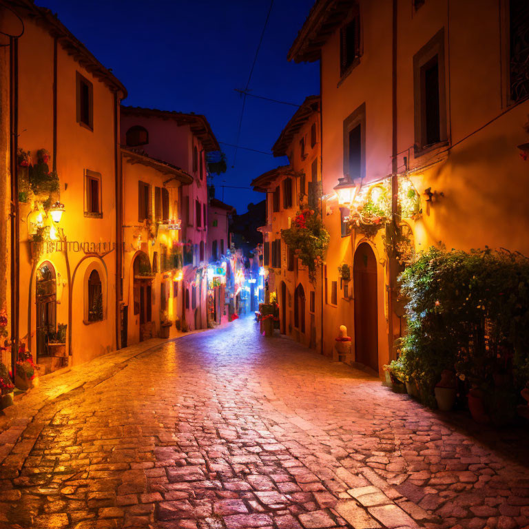 Charming cobblestone street at dusk with warm lighting and traditional houses