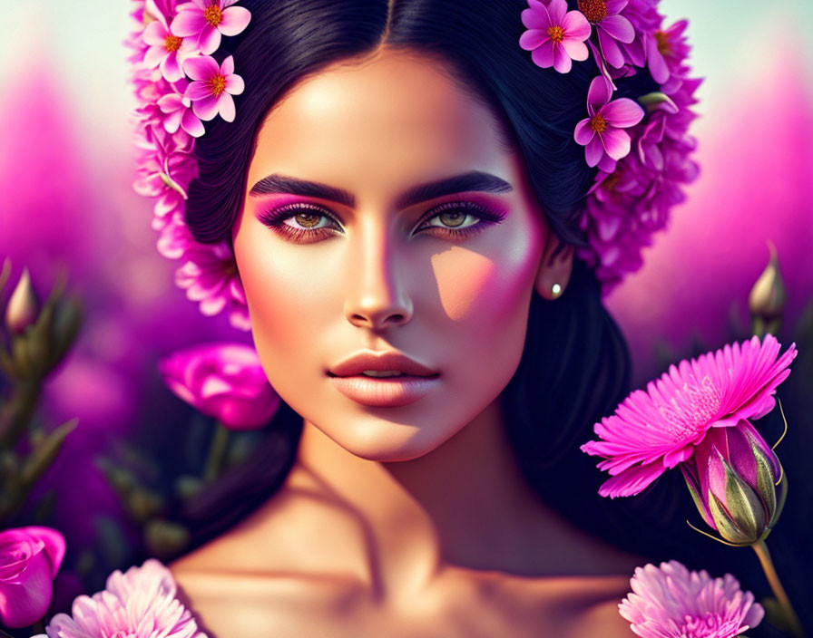 Woman with Purple Flowers in Hair and Pink Makeup on Floral Background