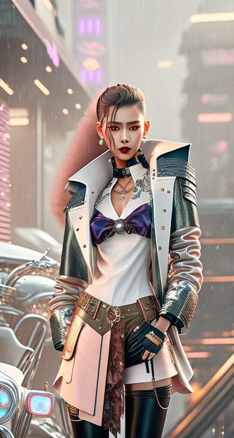 Futuristic stylized woman with motorcycle in edgy outfit