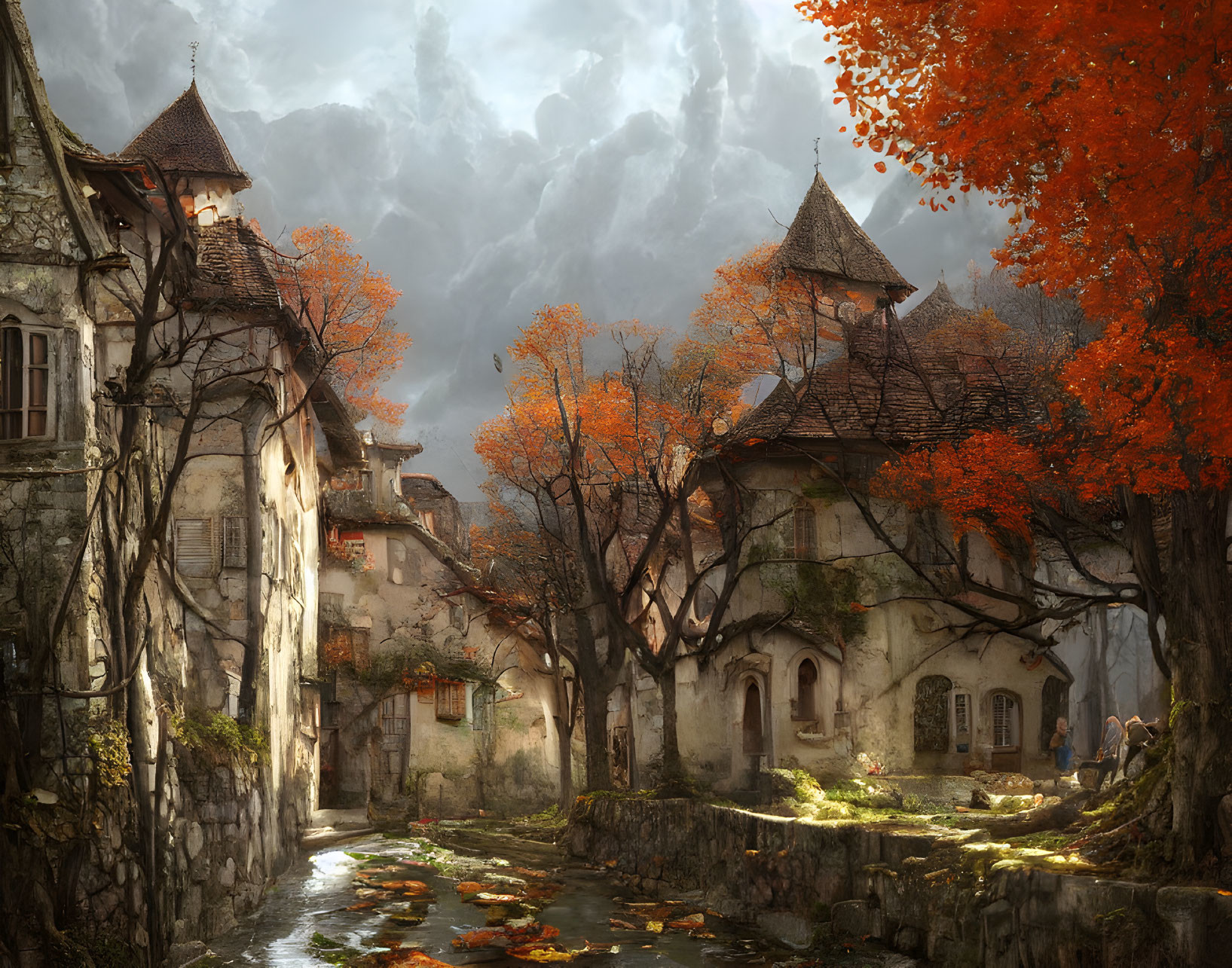 Medieval village with stone houses, autumn trees, stream, and dramatic sky