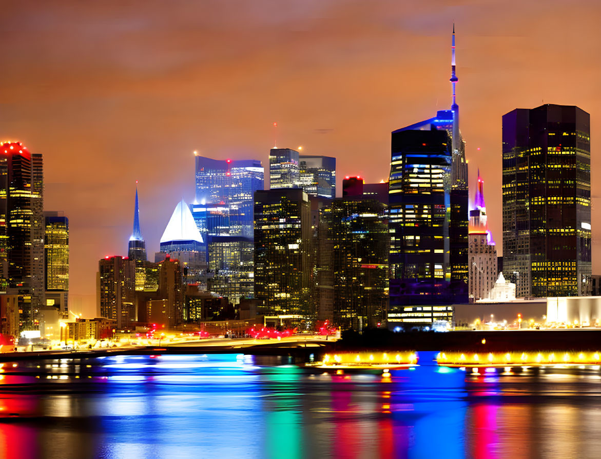 Nighttime city skyline with illuminated skyscrapers, water reflections, clear sky, and boat light trails