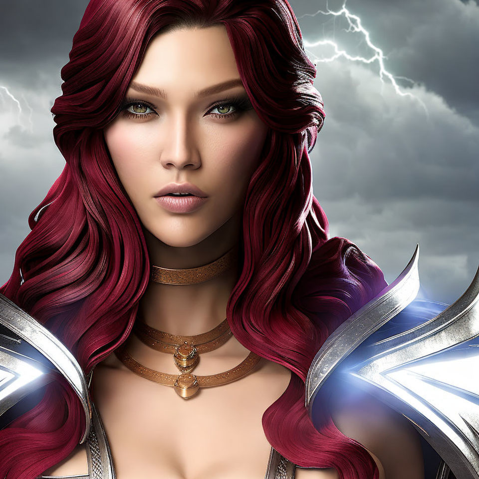 Vibrant digital portrait: Woman with green eyes, red hair, silver armor