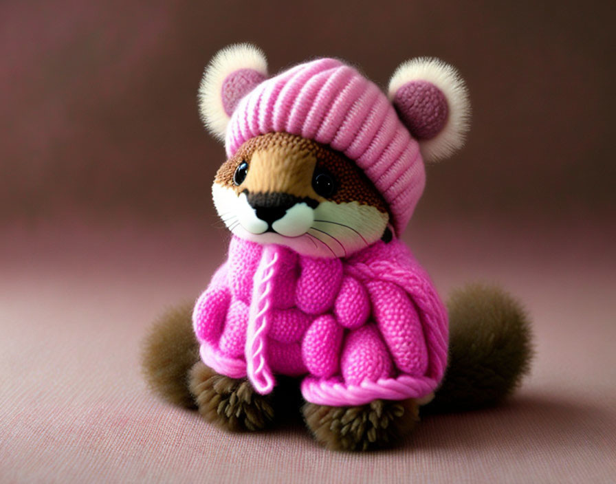 Handmade Brown and Cream Weasel Toy in Pink Bobble Hat and Sweater