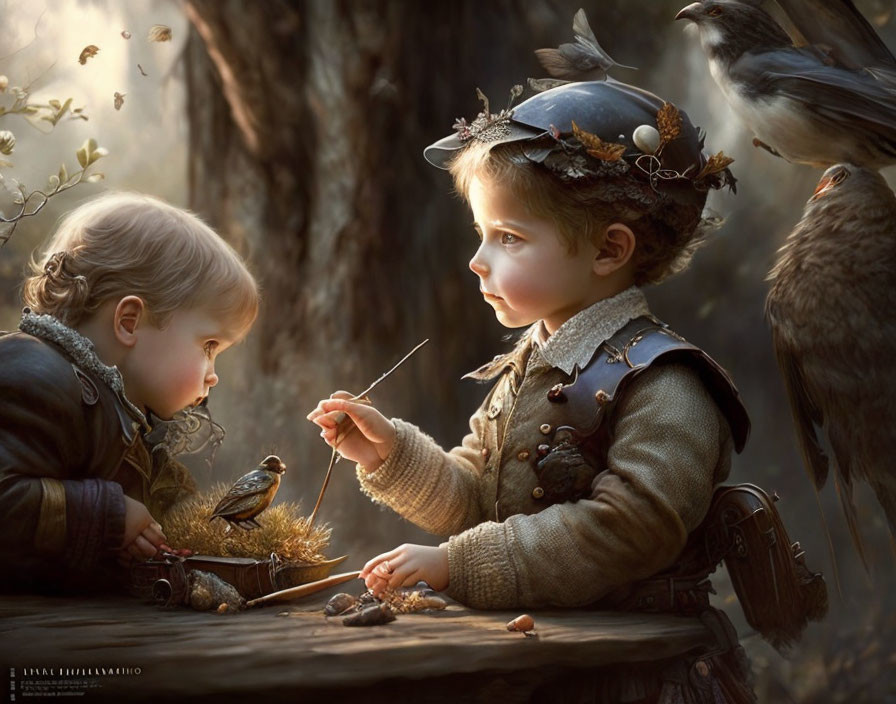 Children in vintage attire with bird in mystical forest among observing crows.