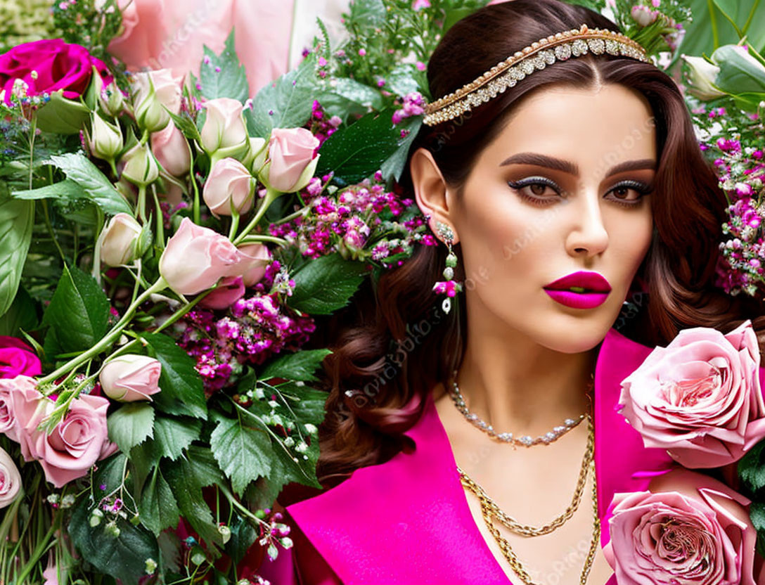 Glamorous woman with jeweled headpiece among pink roses and greenery