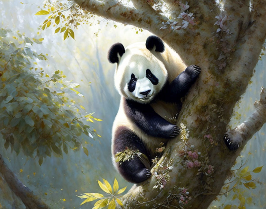 Panda in Tree Branch Surrounded by Foliage and Sunlight