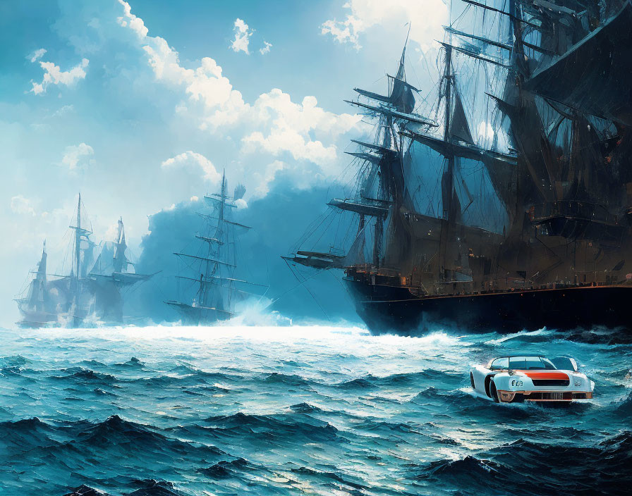 Surreal artwork: tall ships on turbulent sea, modern sports car afloat