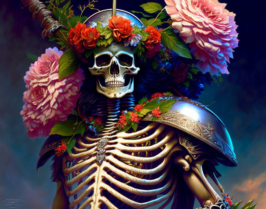 Skeleton in Floral Crown and Armor on Dark Background