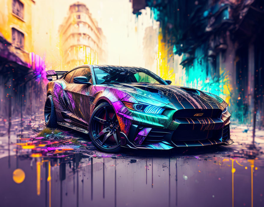 Customized sports car with iridescent paint job on wet street