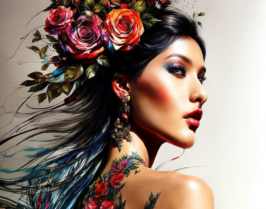 Vibrant portrait of woman with striking makeup and tattoos