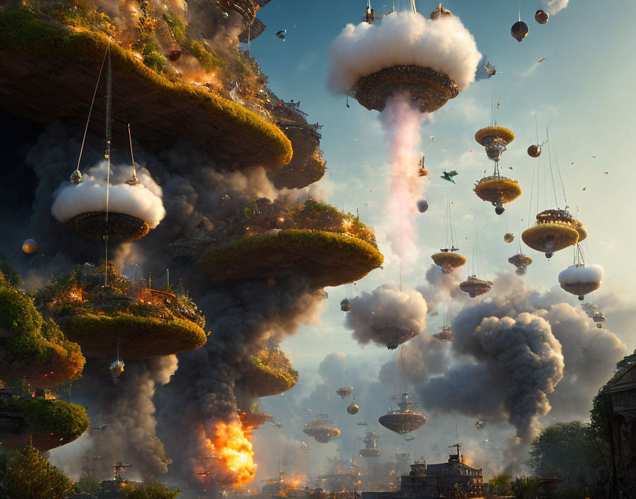 Surreal floating islands with greenery, bridges, explosions, airships in hazy sky