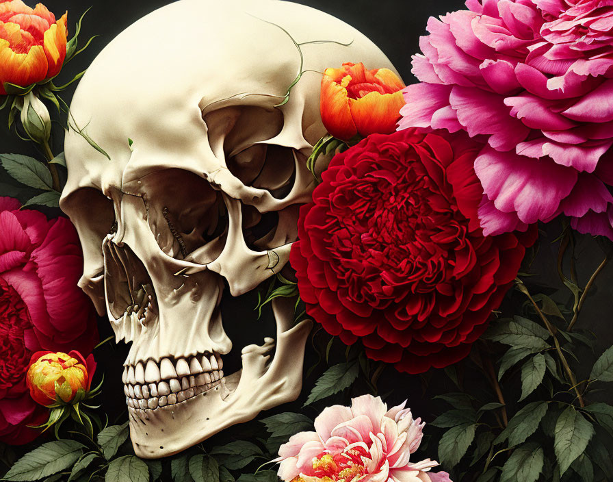 Skull with pink and red peonies and roses on dark background