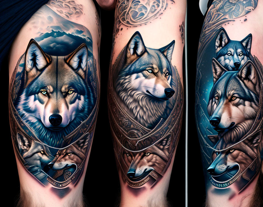 Detailed Wolf-Themed Tattoo Sleeve with Intricate Patterns and Celestial Backgrounds