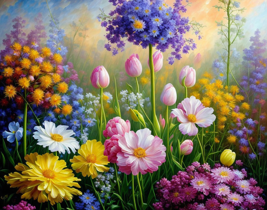 Colorful Floral Scene with Pastel Sky and Greenery