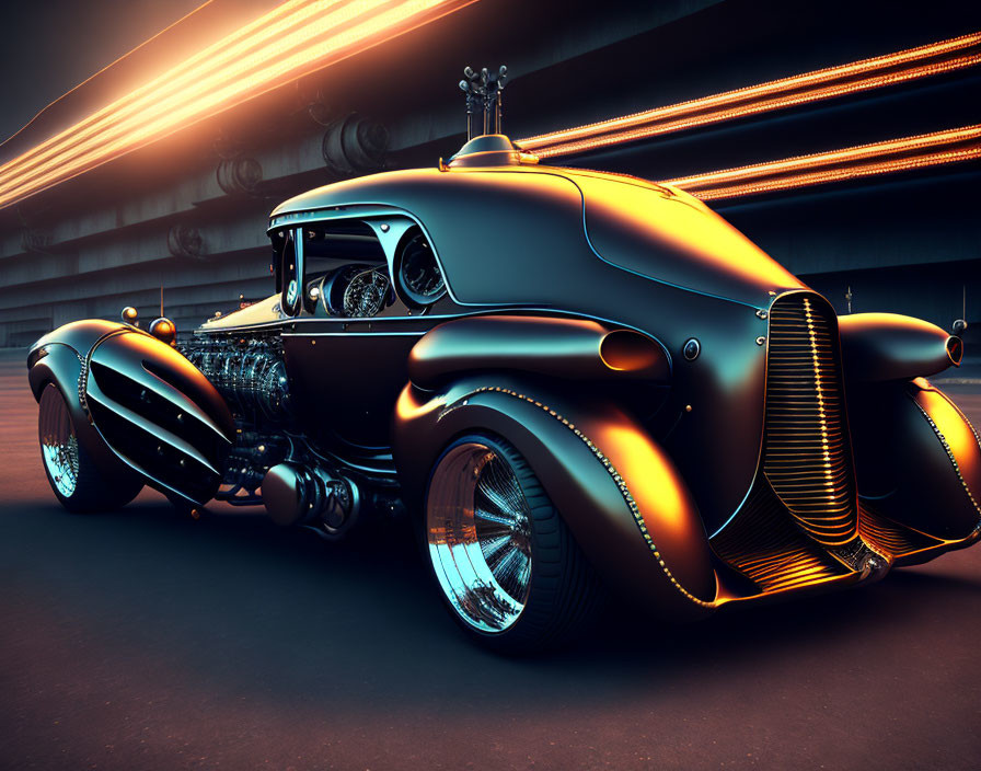 Vintage Black Hot Rod with Exposed Engine in Tunnel Setting