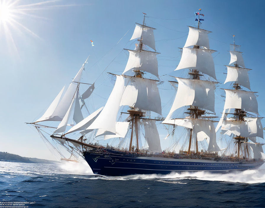 Tall ship with billowing sails on calm blue sea