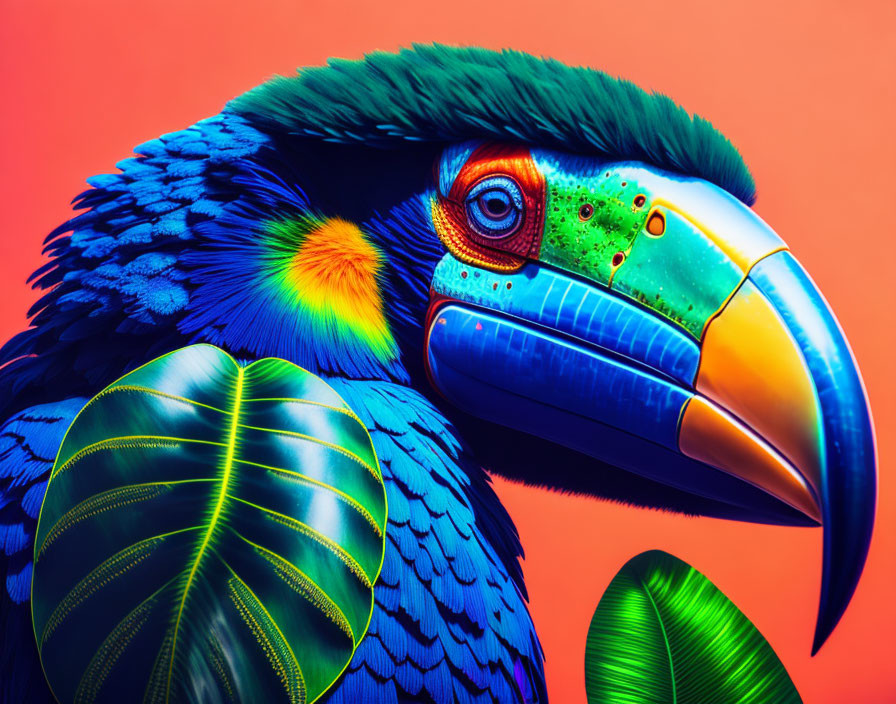 Colorful Stylized Tropical Parrot Close-Up With Blue Feathers