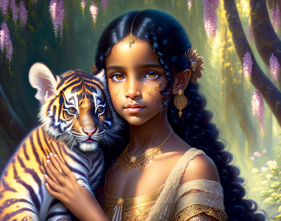 Young girl with dark hair holding tiger cub in enchanted forest.