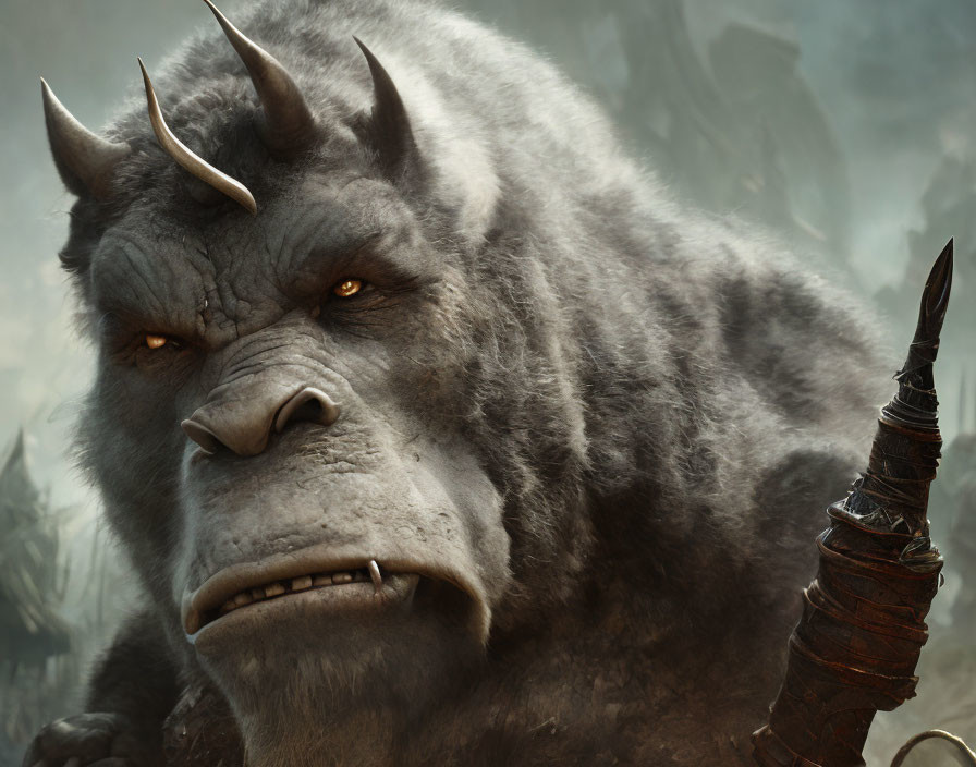 Fantasy gorilla warrior with sharp horns and spear in misty rocky backdrop