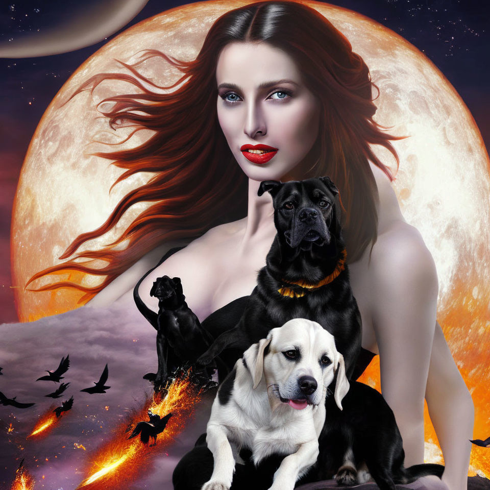 Red-haired woman with striking makeup and three dogs under a full moon, bats, and fiery landscape