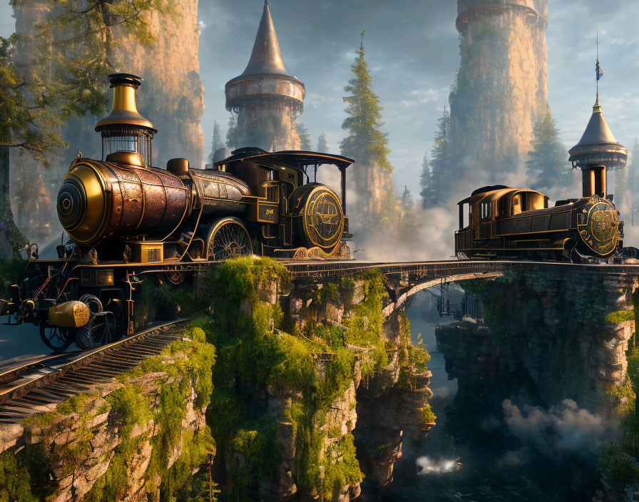 Steam train crossing stone bridge in mystical forest landscape