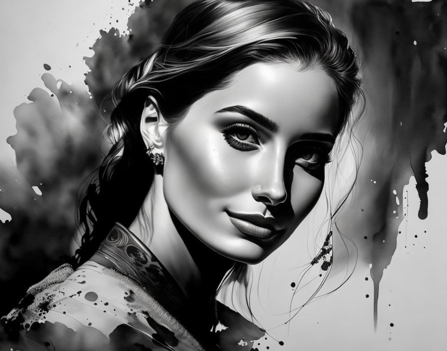 Detailed Monochrome Portrait of Woman with Elegant Features and Abstract Ink Drip Elements