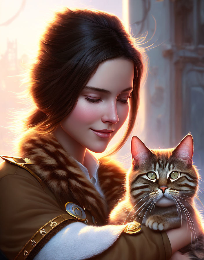 Smiling woman holding a cat in warm digital art portrait