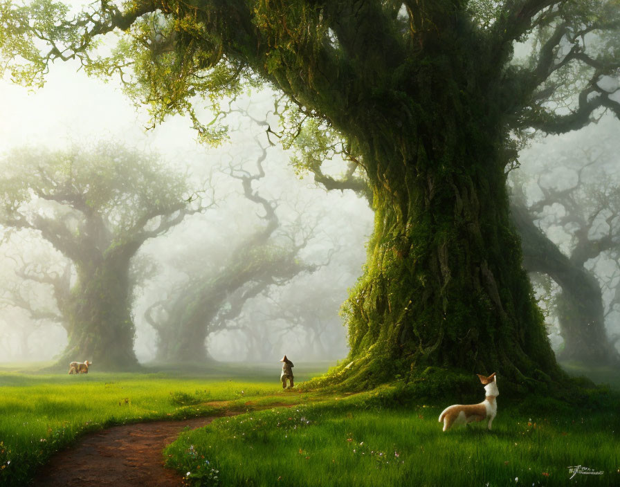 Tranquil forest scene with mist, majestic trees, wandering path, and peaceful deer.