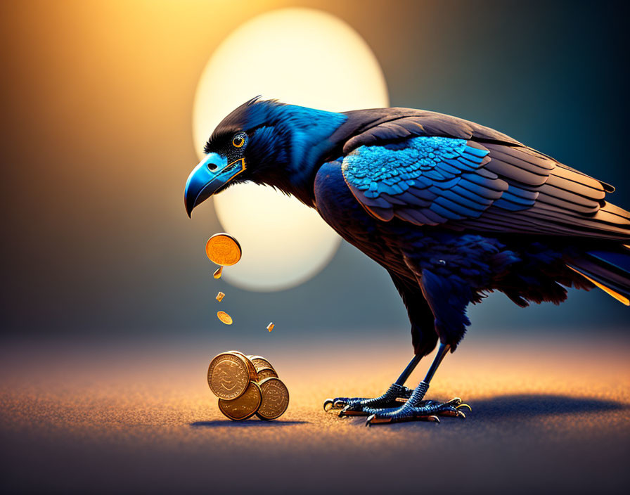 Blue Raven Drops Coin Against Sunset Backdrop