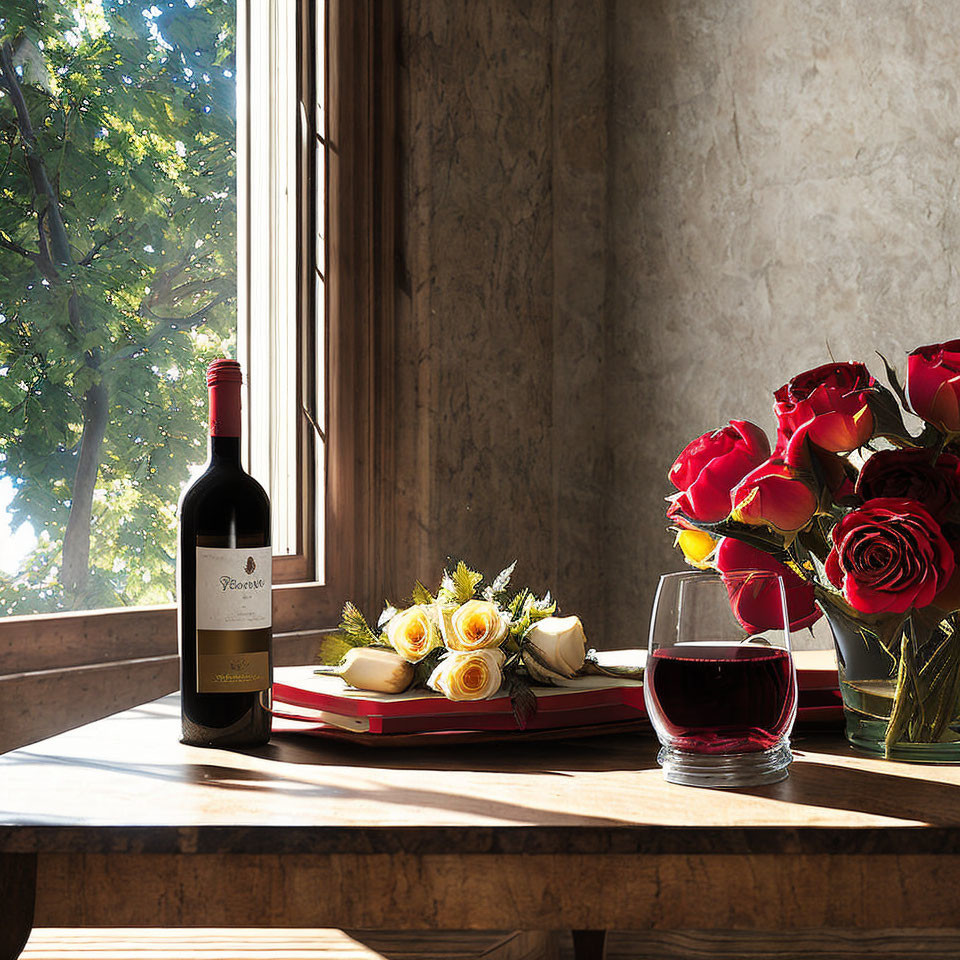 Red wine bottle, glass, roses, and tree view on table.