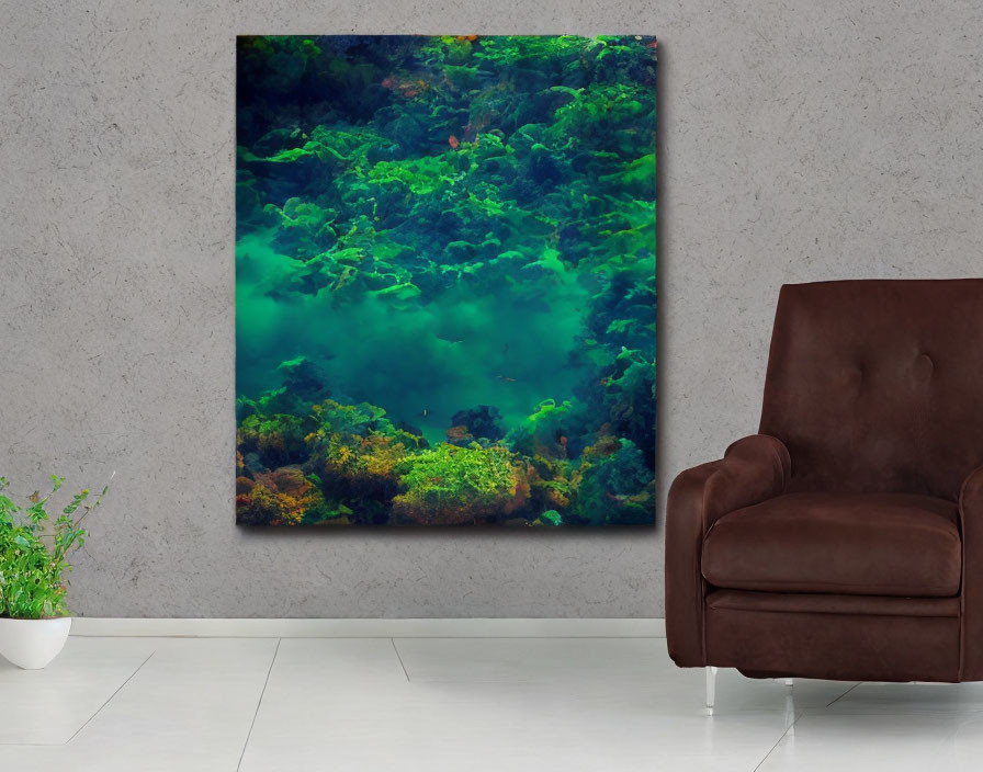 Colorful Underwater Scene Canvas on Gray Wall Above Leather Armchair