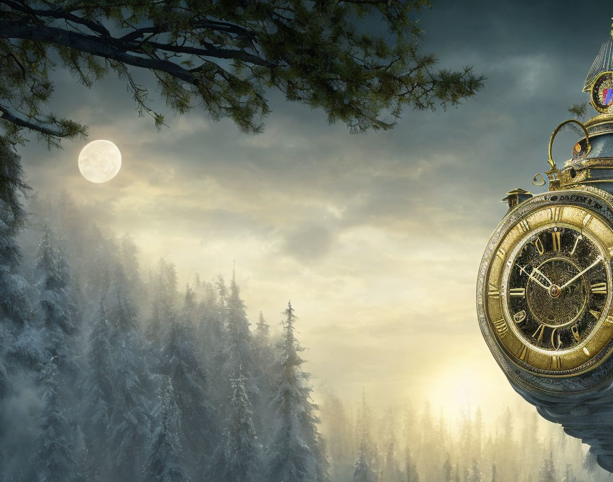 Vintage pocket watch hovers over moonlit pine forest