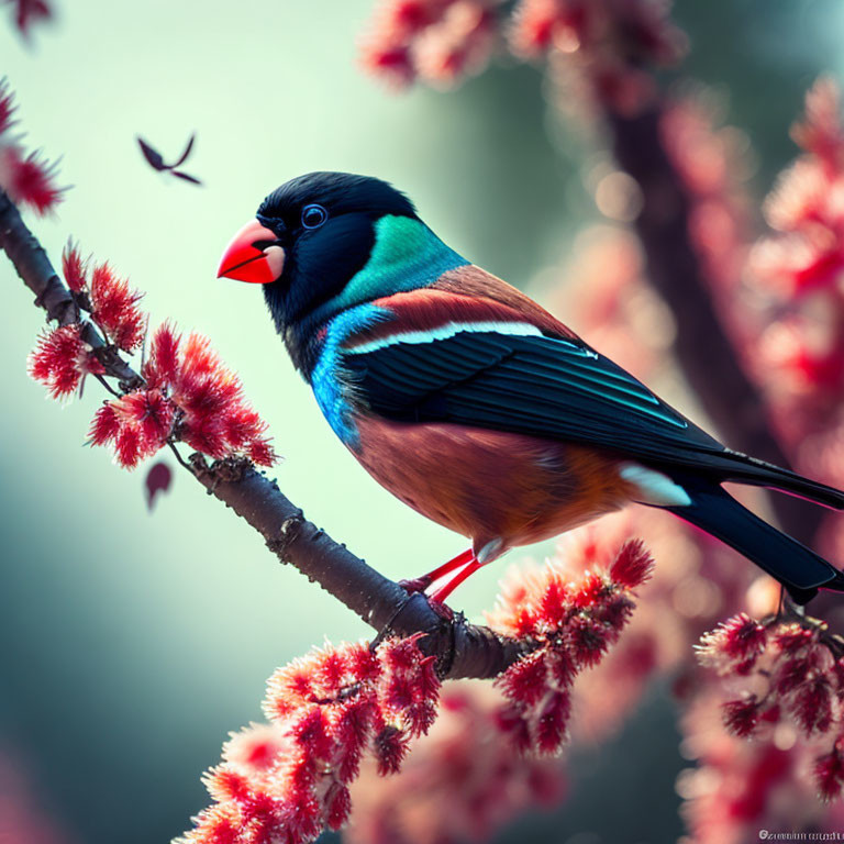 Colorful bird with black head, teal feathers, and orange plumage on blossom-covered branch.