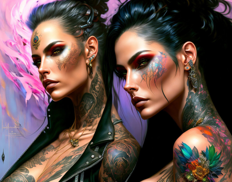 Vibrant digital artwork: two women with tattoos and piercings