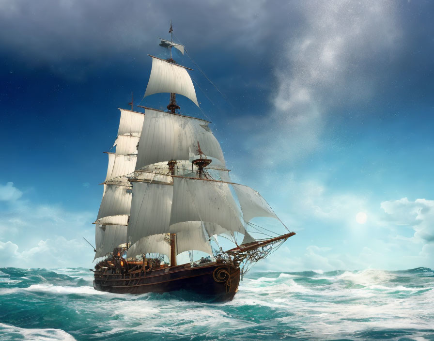 Majestic sailing ship with white sails on choppy ocean under dynamic sky