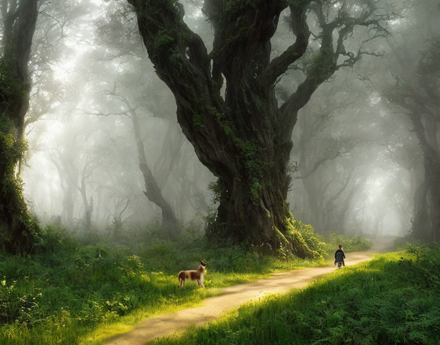 Tranquil forest path with towering trees, misty ambiance, sunlight, dog, and person walking