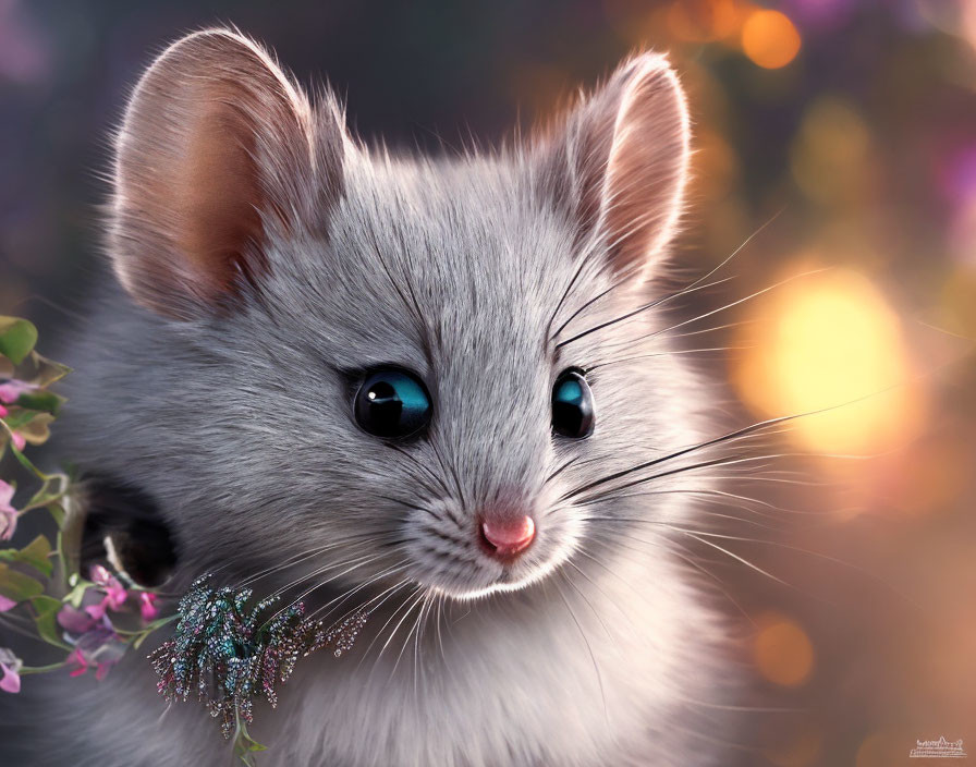 Fluffy grey mouse with large blue eyes in colorful bokeh lights