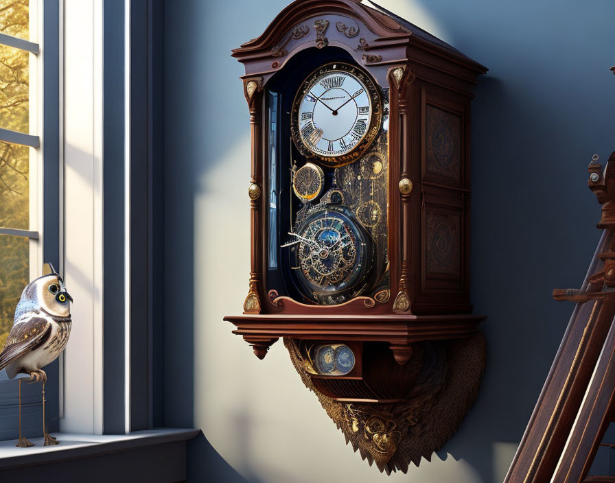 Wooden Wall Clock with Visible Gears and Owl Perched by Window