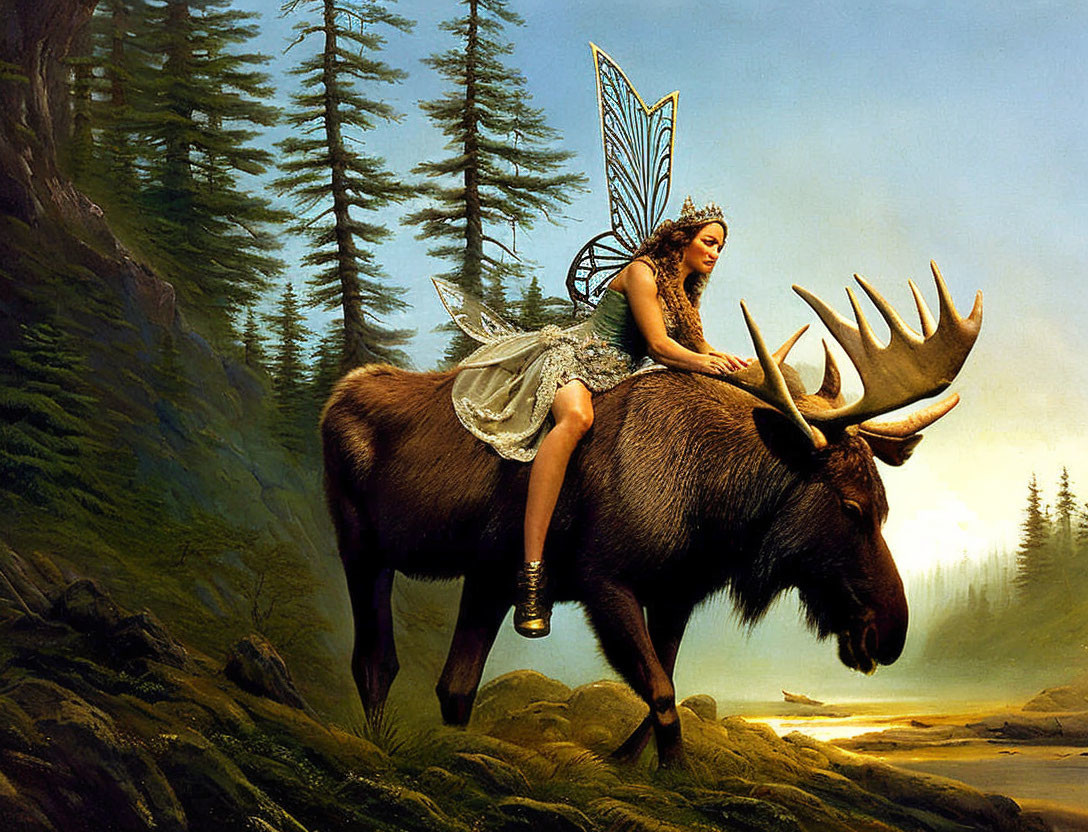 Shimmering fairy with crown on moose in misty forest