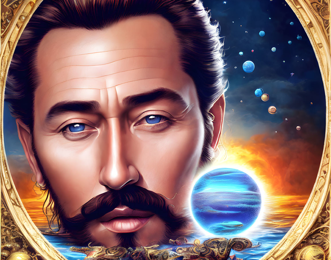 Bearded man with slicked-back hair in golden oval with surreal space elements