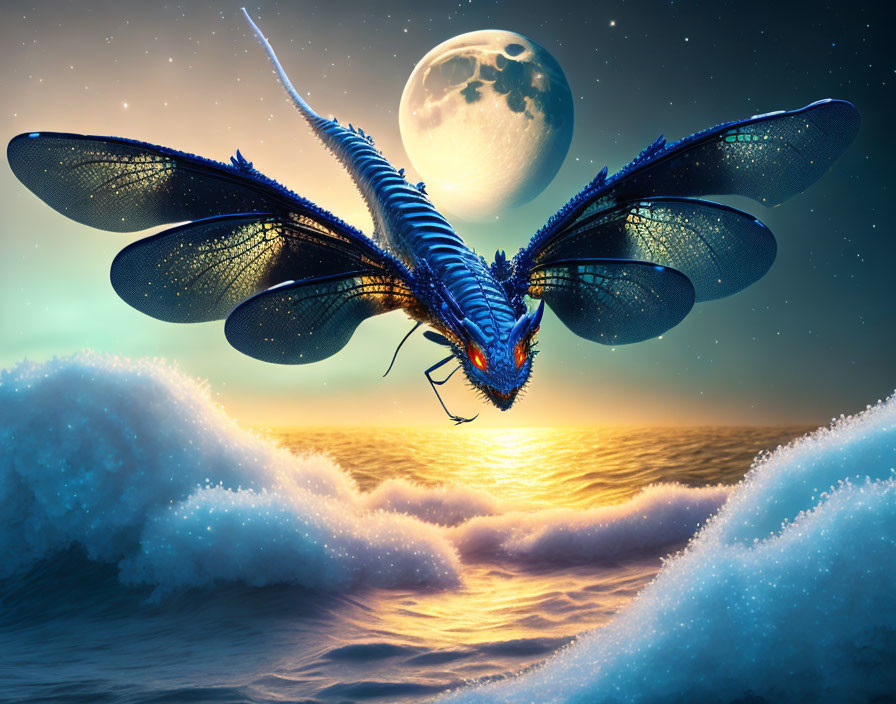 Large Blue Dragonfly Hovering Over Ocean at Sunset with Full Moon