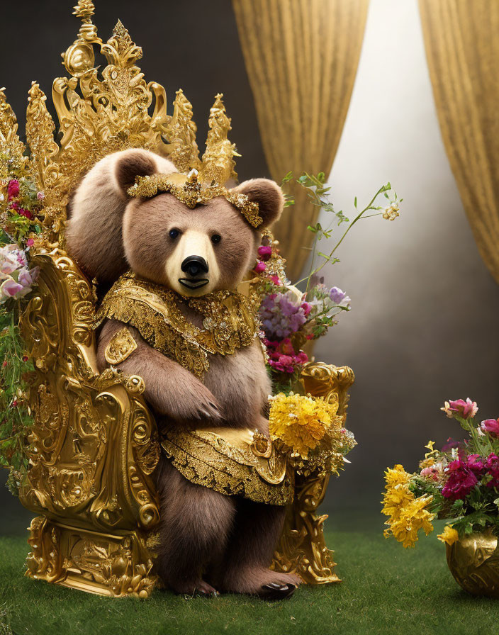 Regal bear with golden crown on throne surrounded by vibrant flowers