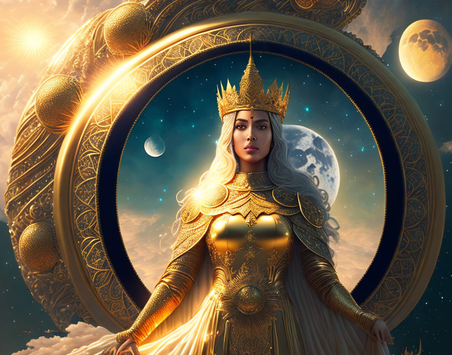 Majestic queen in golden armor with celestial backdrop and planets.