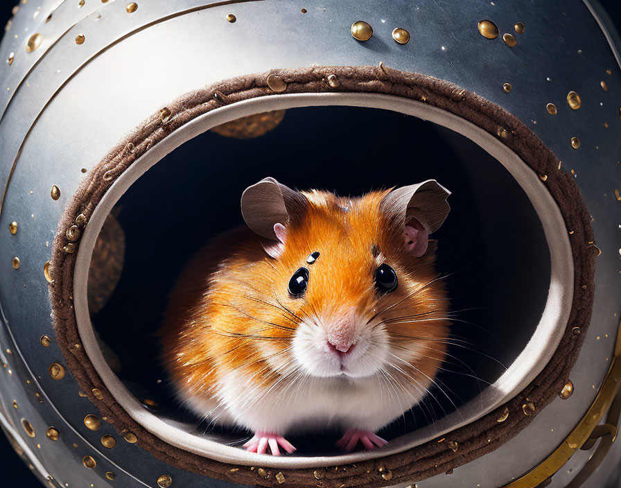 Adorable hamster in astronaut helmet on dark background