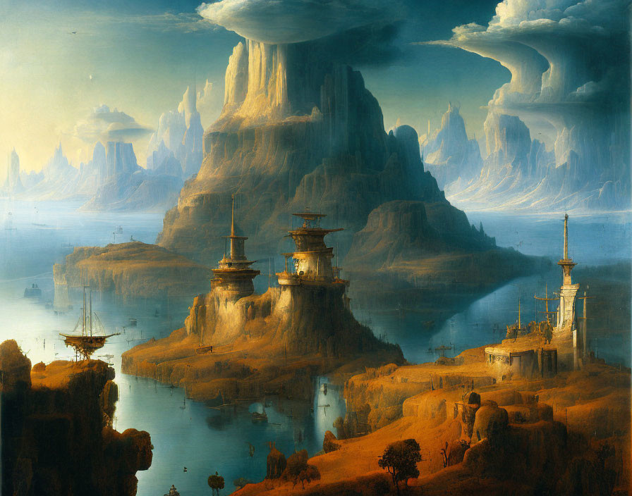 Majestic cliffs and ancient structures in serene waters