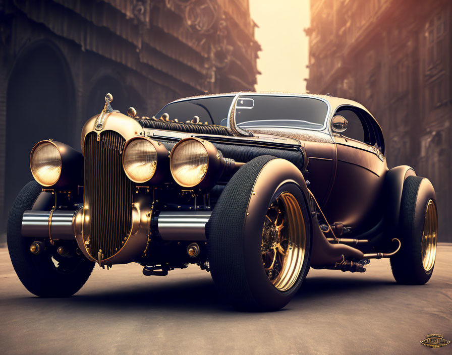 Classic Hot Rod with Large Wheels on Cobblestone Street at Sunset