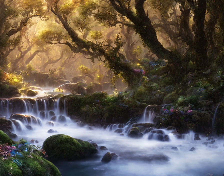 Mystical forest scene with sunlight, waterfalls, and greenery