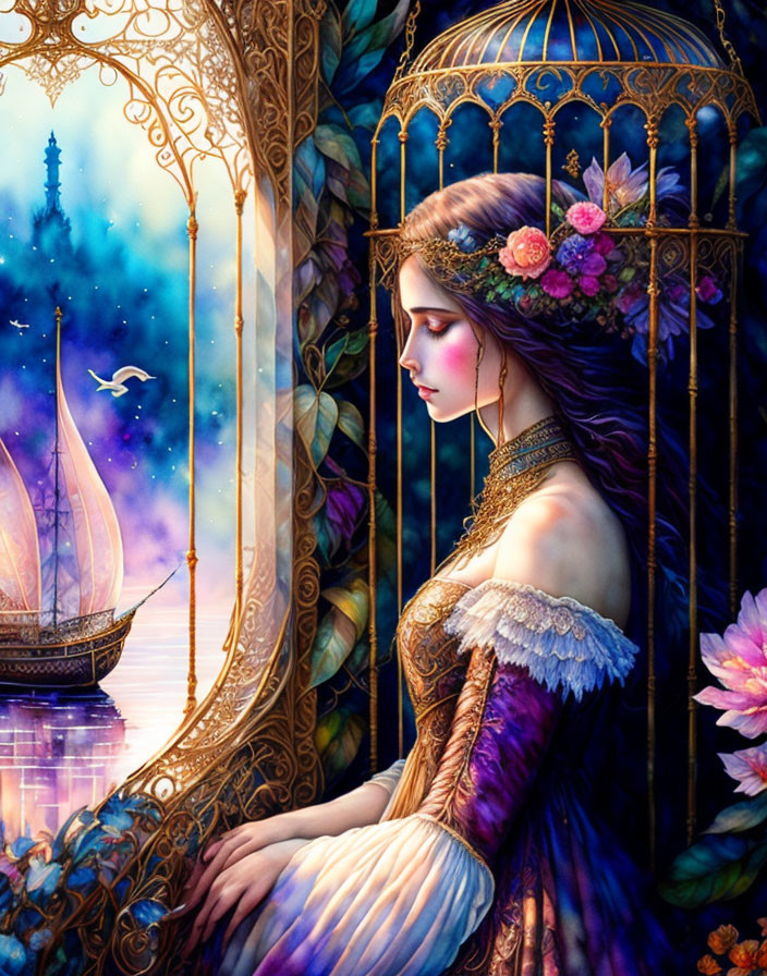 Fantasy artwork of woman in medieval dress by golden birdcage with seascape & sailing ship.